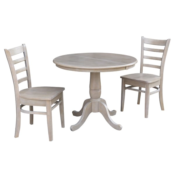 International Concepts Round 36 in Rd Extension Dining Table, 2 Emily Chairs, Washed Gray Taupe, 36 in W, 48 in L, Wood K09-36RXT-C617-2 - main